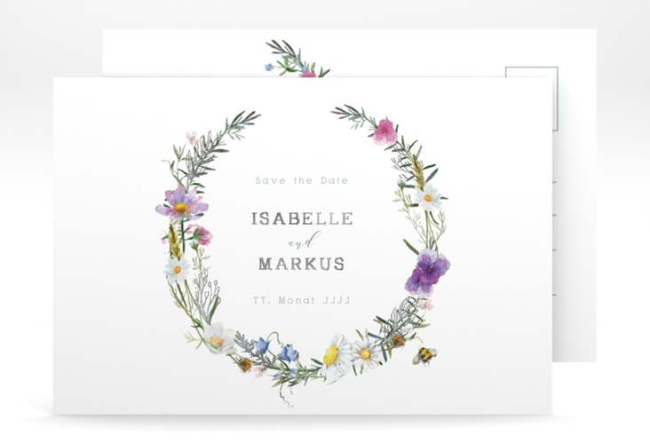 Save the Date-Postkarte Blumengarten A6 Postkarte silber mit Blumenkranz und Hummel