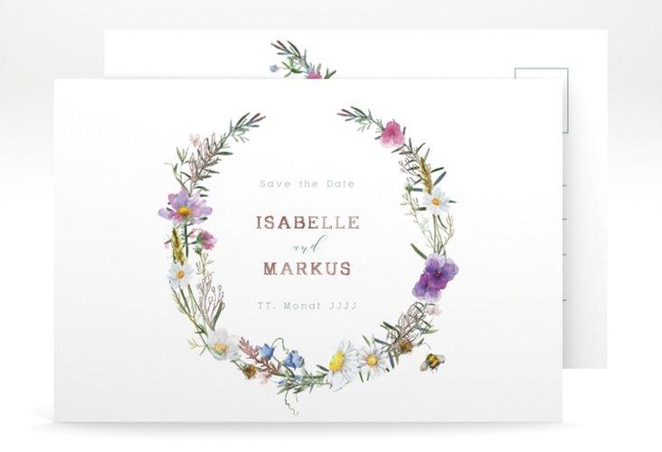 Save the Date-Postkarte Blumengarten A6 Postkarte rosegold mit Blumenkranz und Hummel