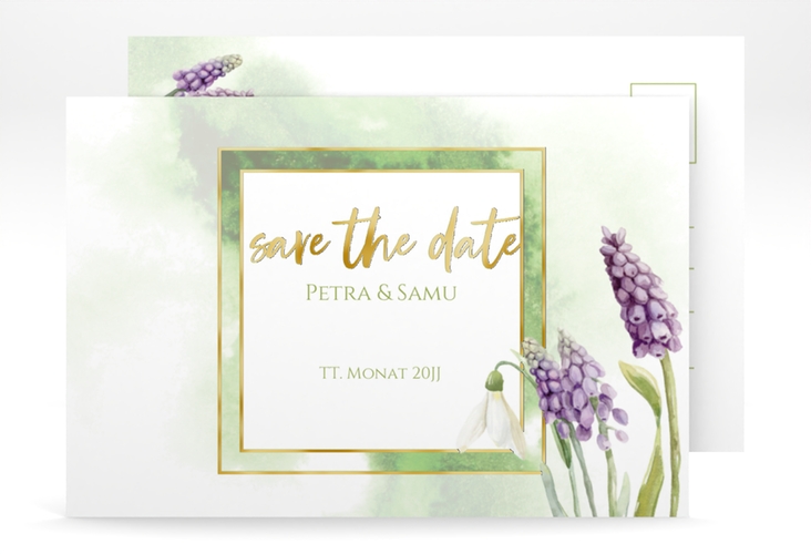 Save the Date-Postkarte Frühling A6 Postkarte gold mit Frühlingsblumen in Aquarell