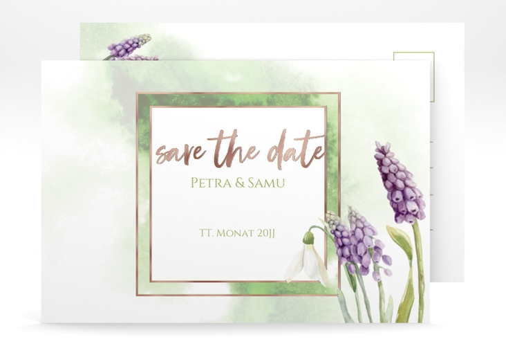 Save the Date-Postkarte Frühling A6 Postkarte rosegold mit Frühlingsblumen in Aquarell