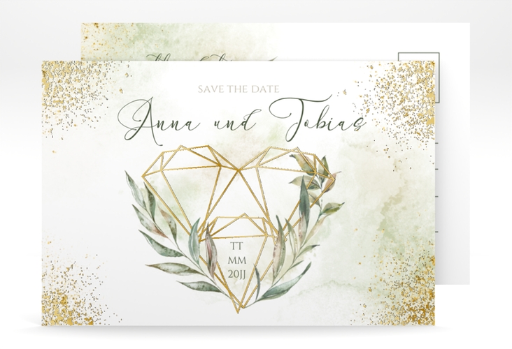 Save the Date-Postkarte Heartfelt A6 Postkarte gold mit Diamanten im Geometric Design