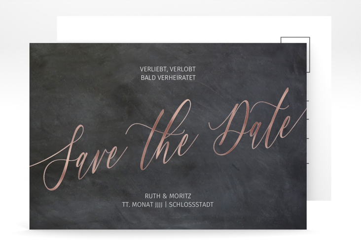 Save the Date-Postkarte Chalkboard A6 Postkarte rosegold veredelt