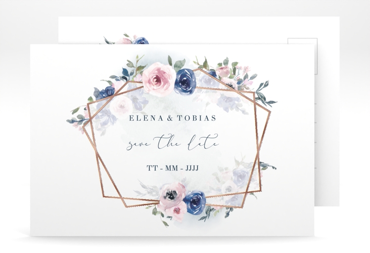 Save the Date-Postkarte Dustyblue A6 Postkarte rosegold