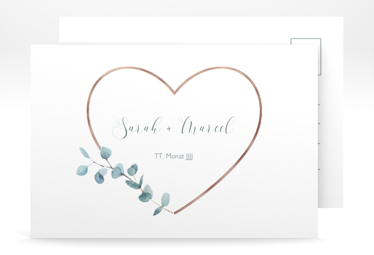 Save the Date-Postkarte Greenheart A6 Postkarte rosegold mit elegantem Herz und Eukalyptus-Zweig