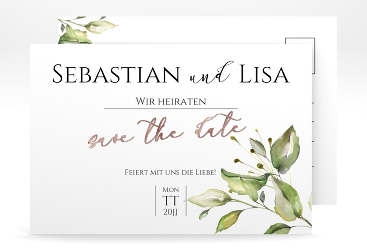 Save the Date-Postkarte Leaves A6 Postkarte rosegold