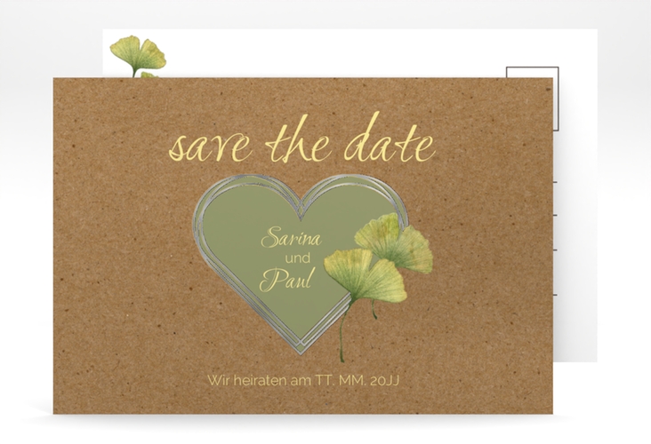 Save the Date-Postkarte Ginko A6 Postkarte silber mit Herz und zwei Ginkgo-Blättern