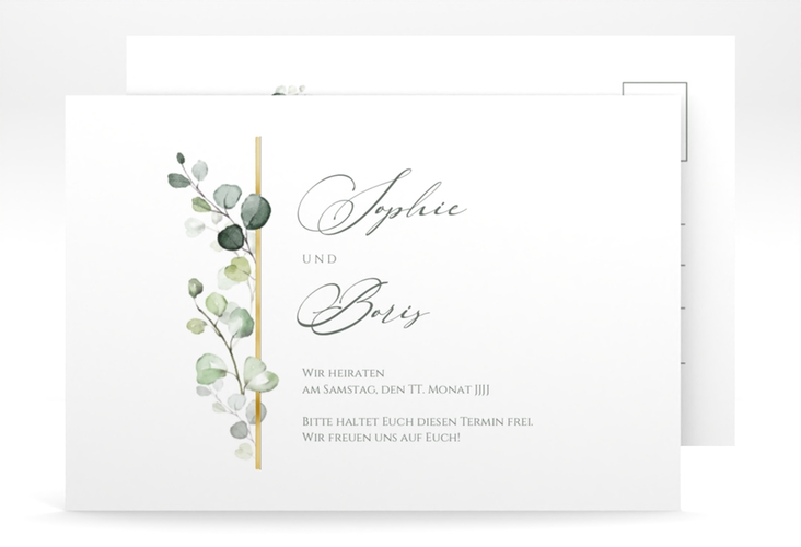 Save the Date-Postkarte Adelya A6 Postkarte gold elegant mit Eukalyptus-Motiv