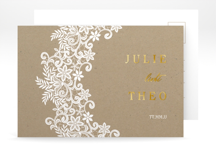 Save the Date-Postkarte Mariage A6 Postkarte gold mit Bogen aus weißer Spitze