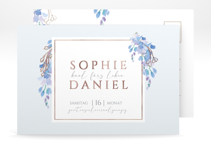 Save the Date-Postkarte Blauregen A6 Postkarte rosegold mit Wisteria-Blüten