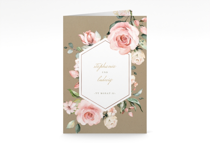 Menükarte Hochzeit Graceful A5 Klappkarte hoch rosegold mit Rosenblüten in Rosa und Weiß