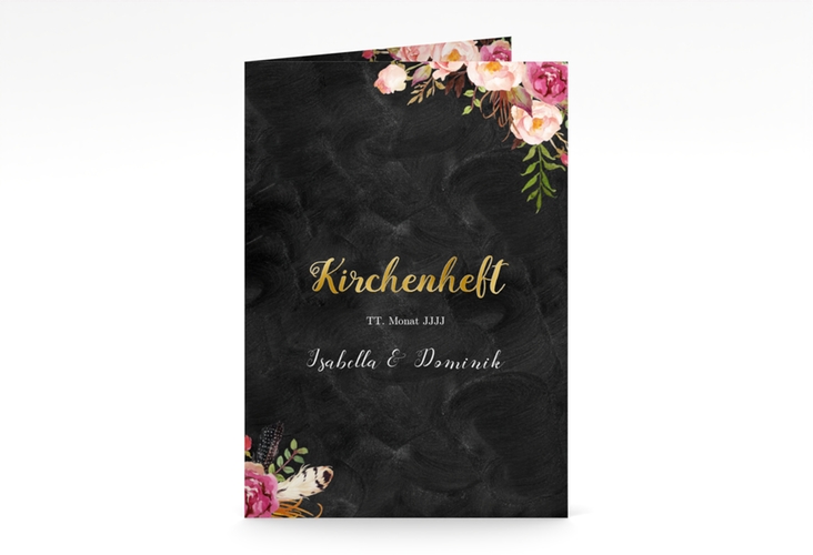 Kirchenheft Hochzeit Flowers A5 Klappkarte hoch gold mit bunten Aquarell-Blumen