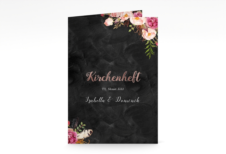 Kirchenheft Hochzeit Flowers A5 Klappkarte hoch rosegold mit bunten Aquarell-Blumen