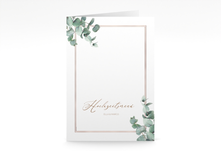 Menükarte Hochzeit Eucalypt A5 Klappkarte hoch rosegold mit Eukalyptus und edlem Rahmen