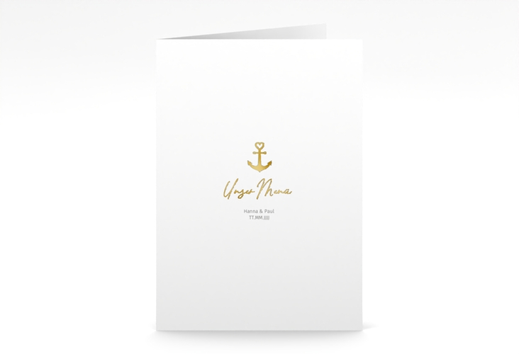 Menükarte Hochzeit Ankerliebe A5 Klappkarte hoch gold im minimalistischen maritimen Design mit Anker