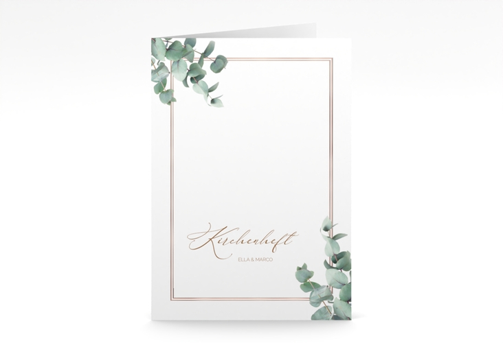 Kirchenheft Hochzeit Eucalypt A5 Klappkarte hoch rosegold mit Eukalyptus und edlem Rahmen