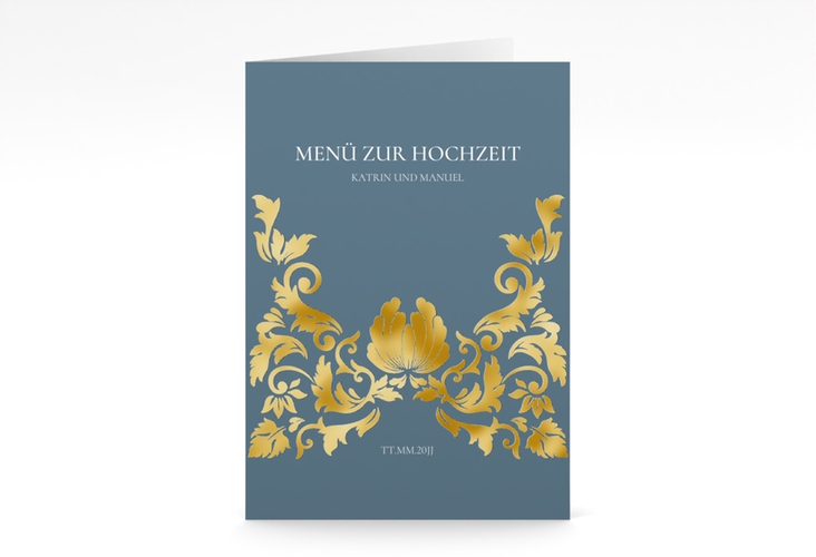 Menükarte Hochzeit Royal A5 Klappkarte hoch gold mit barockem Blumen-Ornament