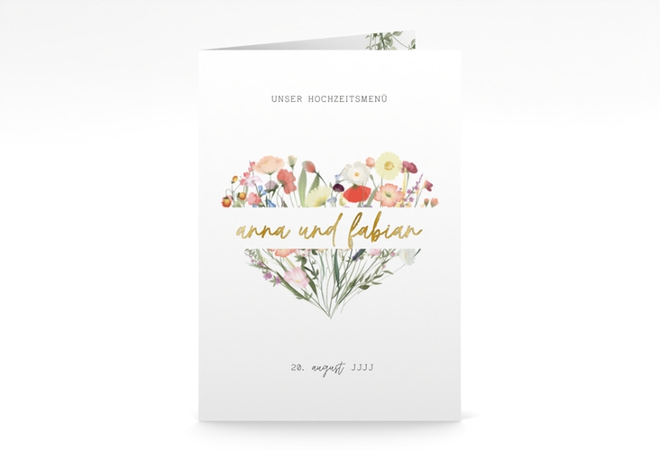 Menükarte Hochzeit Wildblumenherz A5 Klappkarte hoch gold