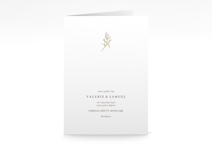 Menükarte Hochzeit Ivy A5 Klappkarte hoch gold minimalistisch mit kleiner botanischer Illustration