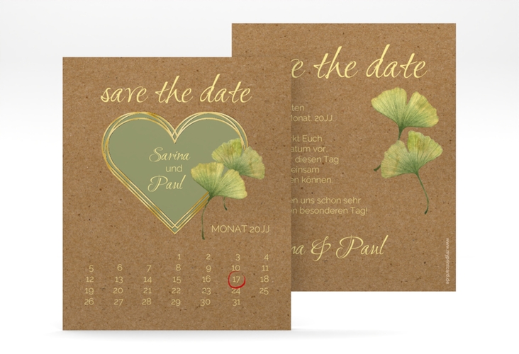 Save the Date-Kalenderblatt Ginko Kalenderblatt-Karte gold mit Herz und zwei Ginkgo-Blättern