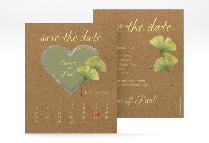 Save the Date-Kalenderblatt Ginko Kalenderblatt-Karte silber mit Herz und zwei Ginkgo-Blättern