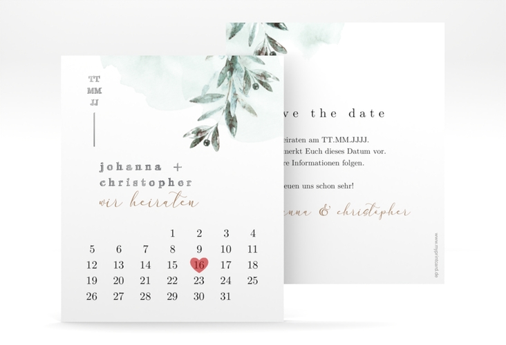 Save the Date-Kalenderblatt Mediterran Kalenderblatt-Karte silber mit Lorbeerzweig in Aquarell