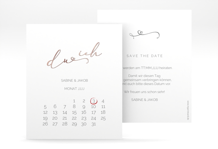 Save the Date-Kalenderblatt Zweisamkeit Kalenderblatt-Karte rosegold im minimalistischen Stil mit Aufschrift du & ich