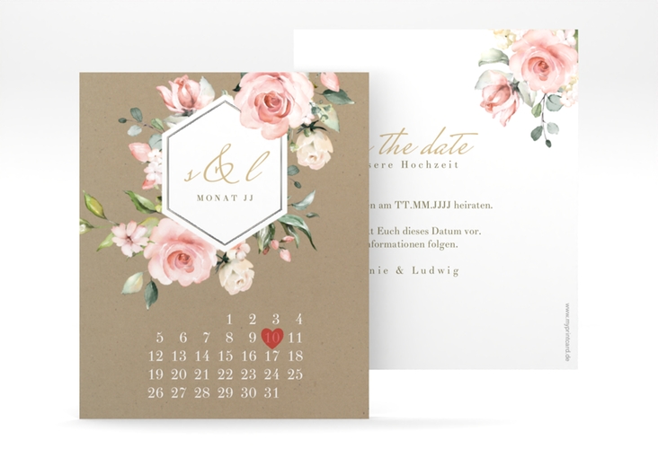 Save the Date-Kalenderblatt Graceful Kalenderblatt-Karte silber mit Rosenblüten in Rosa und Weiß