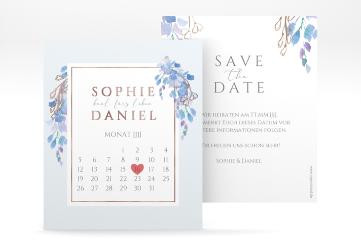 Save the Date-Kalenderblatt Blauregen Kalenderblatt-Karte rosegold mit Wisteria-Blüten