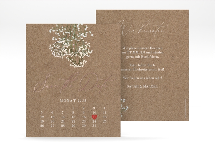 Save the Date-Kalenderblatt Schleierkraut Kalenderblatt-Karte rosegold mit Folie