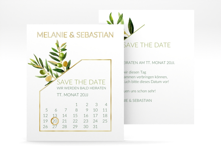 Save the Date-Kalenderblatt Olivenzweig Kalenderblatt-Karte gold