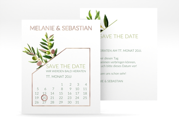 Save the Date-Kalenderblatt Olivenzweig Kalenderblatt-Karte rosegold