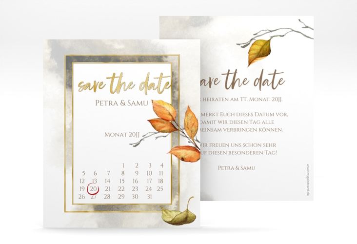 Save the Date-Kalenderblatt Herbst Kalenderblatt-Karte gold mit orangefarbigem Herbstlaub in Aquarell