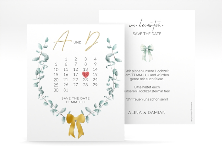 Save the Date-Kalenderblatt Eucalypt Bow Kalenderblatt-Karte gold