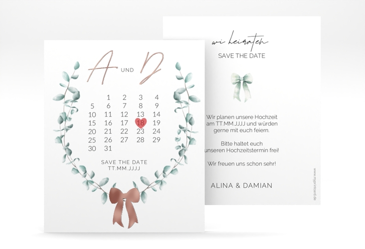 Save the Date-Kalenderblatt Eucalypt Bow Kalenderblatt-Karte rosegold