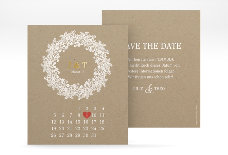 Save the Date-Kalenderblatt Mariage Kalenderblatt-Karte gold mit Bogen aus weißer Spitze