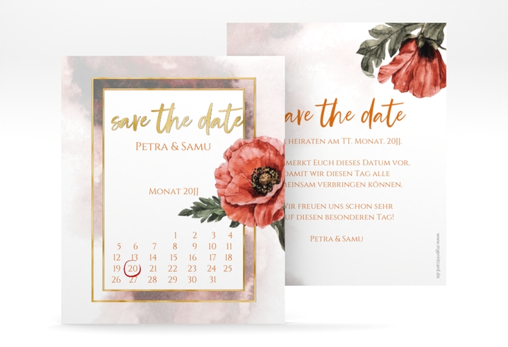 Save the Date-Kalenderblatt Sommer Kalenderblatt-Karte gold mit Mohnblumen-Aquarell