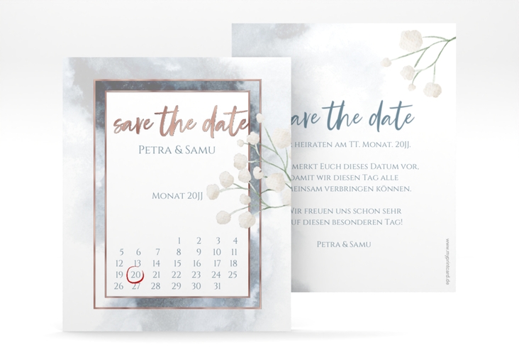 Save the Date-Kalenderblatt Winter Kalenderblatt-Karte rosegold mit Schleierkraut