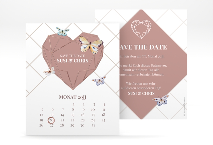 Save the Date-Kalenderblatt Butterfly Kalenderblatt-Karte rosegold mit Schmetterlingen und Herz im Geometric Design