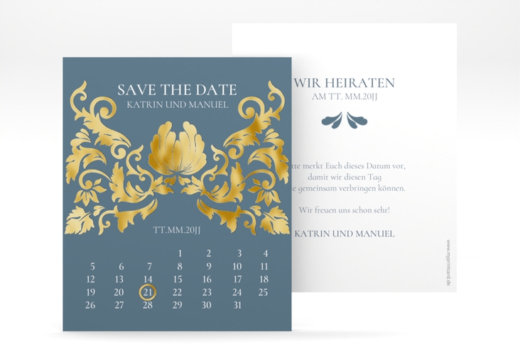 Save the Date-Kalenderblatt Royal Kalenderblatt-Karte gold mit barockem Blumen-Ornament