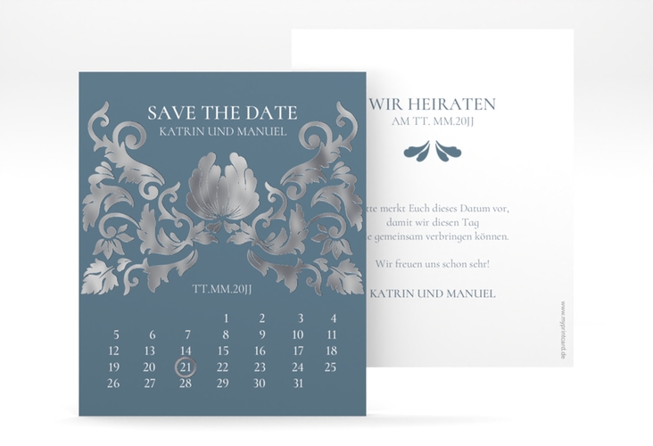 Save the Date-Kalenderblatt Royal Kalenderblatt-Karte silber mit barockem Blumen-Ornament