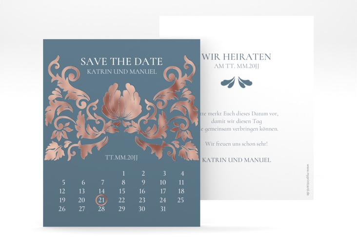 Save the Date-Kalenderblatt Royal Kalenderblatt-Karte rosegold mit barockem Blumen-Ornament