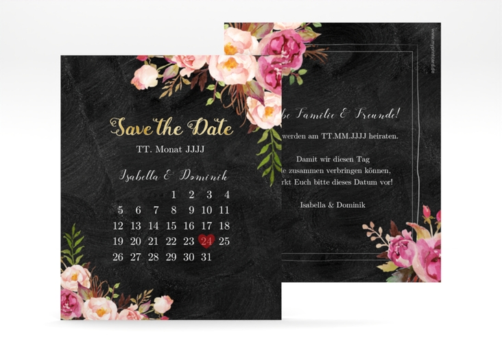 Save the Date-Kalenderblatt Flowers Kalenderblatt-Karte gold mit bunten Aquarell-Blumen