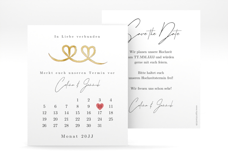 Save the Date-Kalenderblatt Doppelherz Schleife Kalenderblatt-Karte gold mit Folie