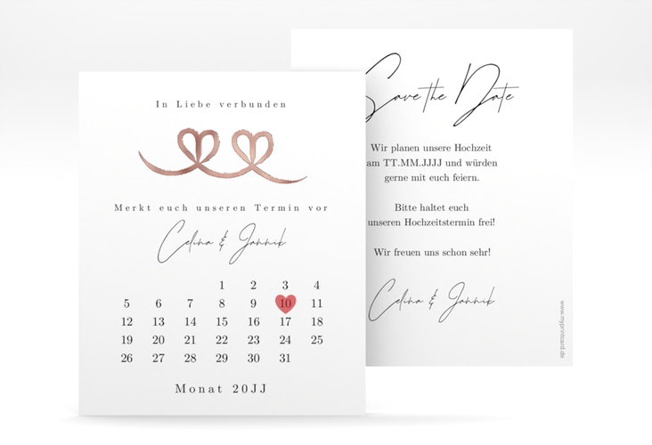 Save the Date-Kalenderblatt Doppelherz Schleife Kalenderblatt-Karte rosegold mit Folie