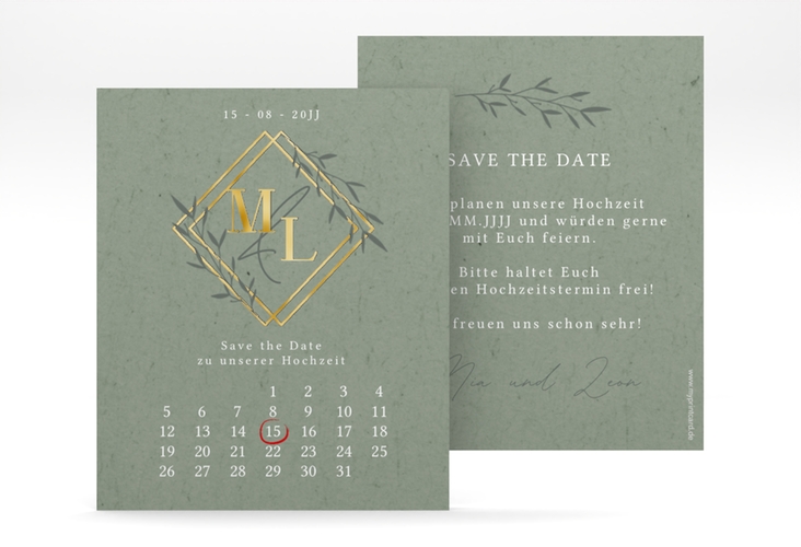 Save the Date-Kalenderblatt Greenletter Kalenderblatt-Karte gold mit Initialen in elegantem Goldrahmen mit Blättern