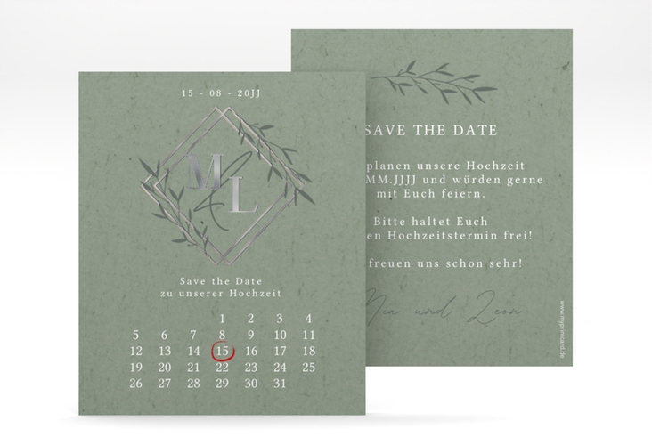 Save the Date-Kalenderblatt Greenletter Kalenderblatt-Karte silber mit Initialen in elegantem Goldrahmen mit Blättern