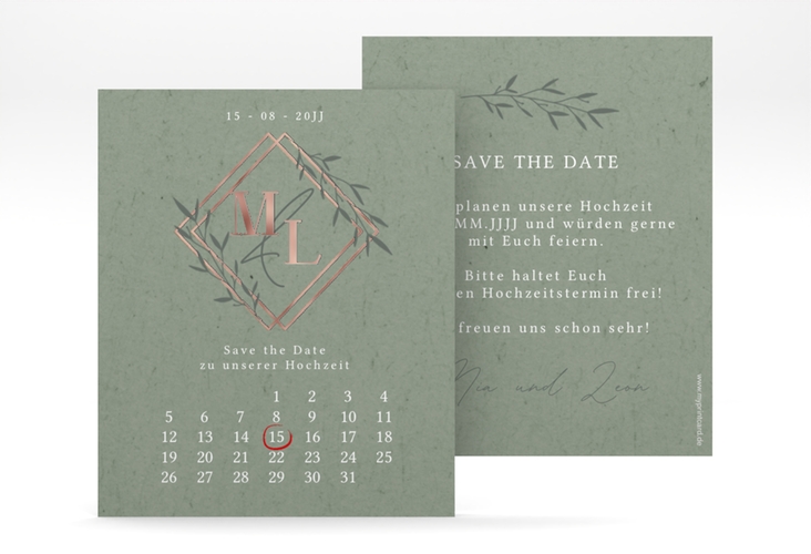 Save the Date-Kalenderblatt Greenletter Kalenderblatt-Karte rosegold mit Initialen in elegantem Goldrahmen mit Blättern