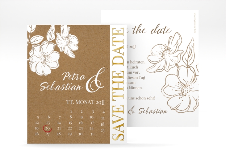 Save the Date-Kalenderblatt Windflower Kalenderblatt-Karte gold mit Wildrosen