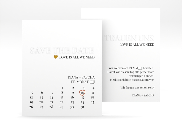 Save the Date-Kalenderblatt Embossing Kalenderblatt-Karte gold