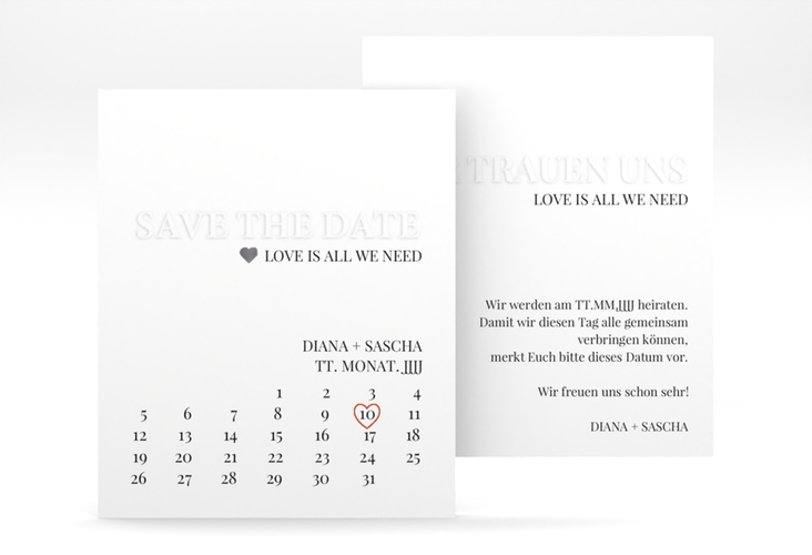 Save the Date-Kalenderblatt Embossing Kalenderblatt-Karte silber